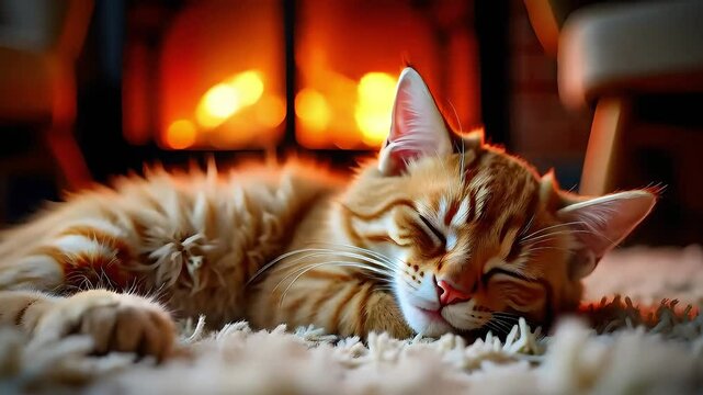 Adorable cat sleeping by the fireplace in a cozy room. Generative AI