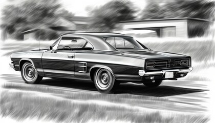 Fototapeta premium A retro-styled sports car is elegantly sketched in black and white, its sharp features and classic build are captured against a minimalistic background. Illustration by Generative AI.