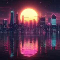 Fototapeta premium Retro 80s Synthwave Cityscape with Neon Colors