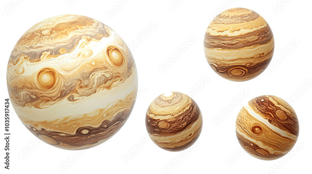 Poster four realistic jupiter models on transparent background generative ai