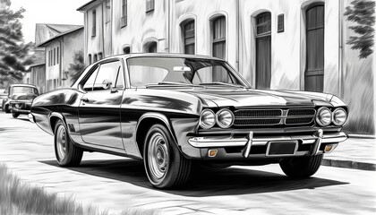 Black and white of a vintage car on the town street. Illustration by Generative AI.