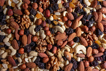 Mixed Nuts: Almonds, Walnuts, Cashews, Peanuts, Hazelnuts, Dried Prunes and Raisins. Different Nut Mix. Background from Various Nuts and Dried Fruits