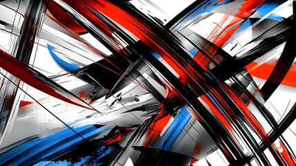 Dynamic abstract composition with bold red, black, and blue strokes