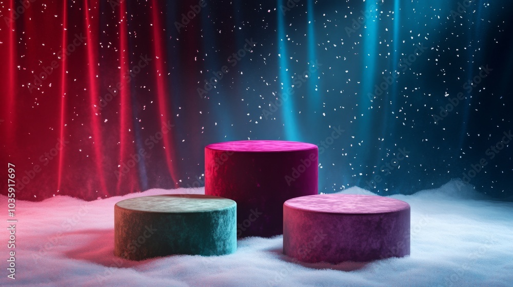 Poster three circular podiums of different colors are sitting in a snow-covered landscape. the podiums are 