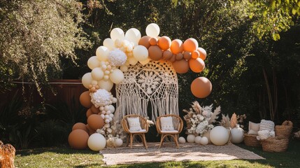 A beautiful outdoor party with a bohemian vibe, perfect for a baby shower or birthday.  Think lots of balloons in soft colors like white, cream, peach, and caramel, arranged in a beautiful arch.