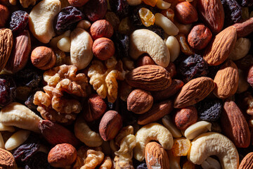Mixed Nuts: Almonds, Walnuts, Cashews, Peanuts, Hazelnuts, Dried Prunes and Raisins. Different Nut Mix. Background from Various Nuts and Dried Fruits