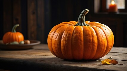 Autumn Harvest Pumpkin on Wooden Table with Ample Negative Space