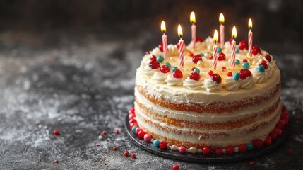 A festive birthday cake with lit candles and colorful decorations.