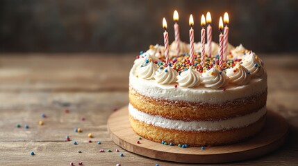 A festive birthday cake topped with lit candles and colorful sprinkles on a wooden table.