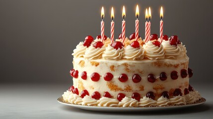 Delicious layered cherry cake adorned with lit candles for a festive celebration.