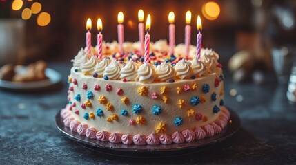 Colorful birthday cake with lit candles in a festive setting.