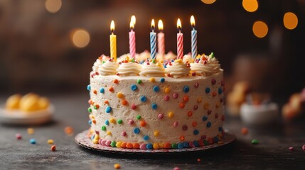 Colorful birthday cake with lit candles and festive decorations on moody background.