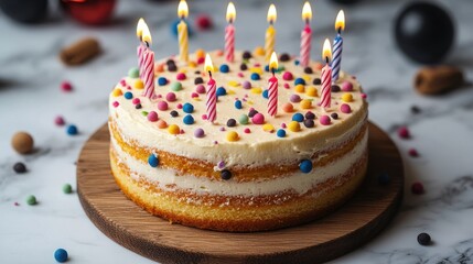 Colorful birthday cake with candles on a wooden platter, celebrating a special occasion.