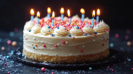 A colorful birthday cake with candles lit, adorned with vibrant sprinkles against a dark background.