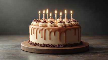Elegant chocolate cake with caramel frosting and lit candles for a birthday celebration.