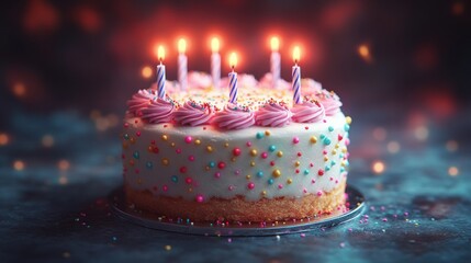 Colorful birthday cake with lit candles and vibrant sprinkles, creating a festive and joyful atmosphere.