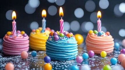 Colorful cupcakes with lit candles set against a festive bokeh background.