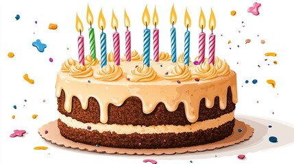 Colorful birthday cake with candles and festive decorations.