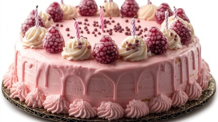 Delicious pink raspberry cake with candles and decorative frosting swirls.