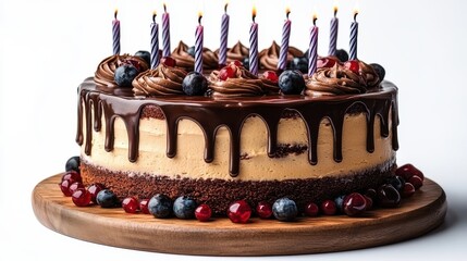 Decadent chocolate birthday cake adorned with berries and lit candles, ready for celebration.