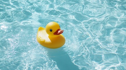 A bright yellow rubber duck floats in a pool, a perfect symbol of summer fun. It reminds us of childhood, games, and friendship.