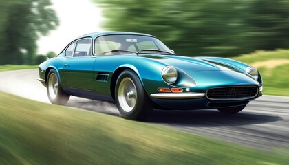 Retro sports car speeding on a winding road. Illustration by Generative AI.