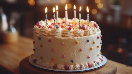 A beautifully decorated birthday cake with lit candles and a festive atmosphere.