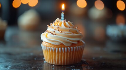 A beautifully decorated cupcake with a lit candle, creating a festive and warm atmosphere.