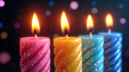 Vibrant candles with sparkling glitter glow against a colorful bokeh background.
