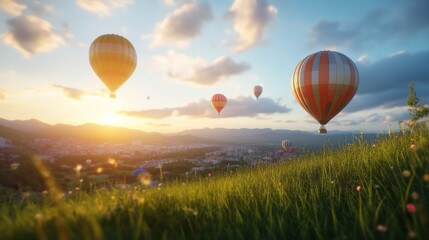 Naklejka premium Colorful hot air balloons fly over a city at sunset, with the sun shining brightly behind them.