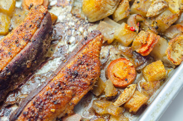 A plate of food with meat and vegetables on it