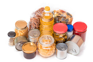 Food Reserves: Canned Food, Spaghetti, Pate, Tuna, Tomato Juice, Pasta, Fish and Grocery - Isolated on White Background. Emergency Food Storage in Case of Crisis. Strategic Food Supplies - Isolation