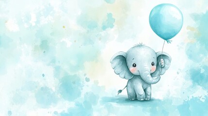 A cute baby elephant painted in watercolor, holding a balloon. Perfect for a baby boy shower, nursery decorations, or birthday invitations.