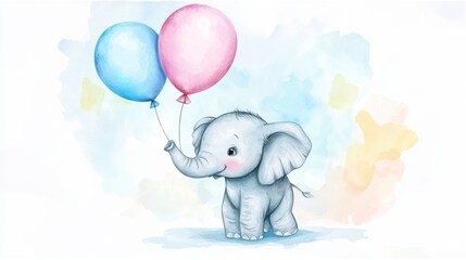 A cute baby elephant painted in watercolor, holding a balloon. Perfect for a baby boy shower, nursery decorations, or birthday invitations.