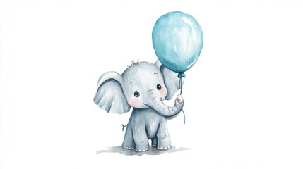A cute baby elephant painted in watercolor, holding a balloon. Perfect for a baby boy shower, nursery decorations, or birthday invitations.