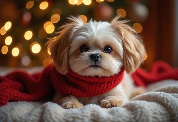 A small dog with fluffy fur wears a warm red scarf, lounging comfortably on a soft blanket while surrounded by twinkling Christmas lights