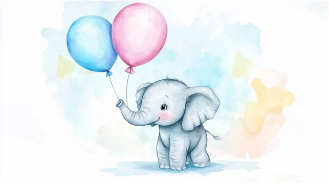 A cute baby elephant painted in watercolor, holding a balloon. Perfect for a baby boy shower, nursery decorations, or birthday invitations.