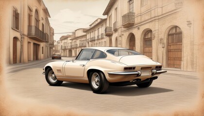 A golden vintage sports car is parked in front of an old building with towers and arches. The car features a sleek design with round headlights and wire-spoked wheels. Illustration by Generative AI.