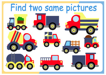 Find two identical pictures kids puzzles vector illustration. Activity for preschool children with comparing objects and finding 2 identical ones.	
