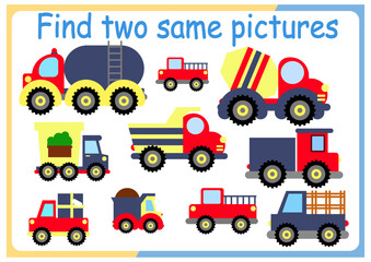 Find two identical pictures kids puzzles vector illustration. Activity for preschool children with comparing objects and finding 2 identical ones.	
