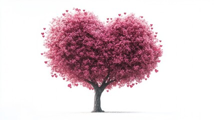 A single tree stands out against a white background. It has a large heart at its center, and heart-shaped flowers bloom on its branches.