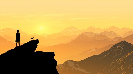 A lone figure stands on a cliff top, silhouetted against a vibrant sunset over a mountain range.