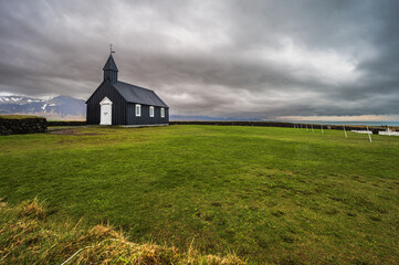 views of Budakirkja church and the surrounding area on the Snaefellsnes Peninsula, Iceland