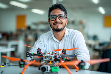 Indian Male Engineering Student Looking at a Drone – Innovation and Technology in Education