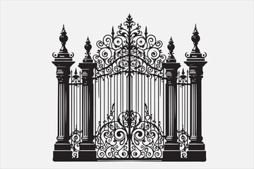 A black and white silhouette of an ornate wrought-iron gate.