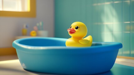A yellow rubber ducky sits in a blue bathtub.