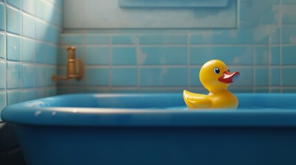A yellow rubber ducky sits in a blue bathtub.