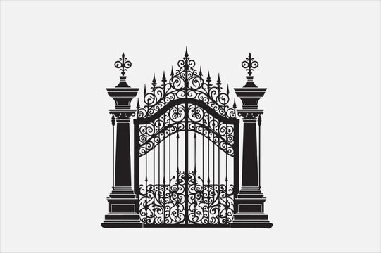 recommend clip art: A black and white silhouette of an ornate wrought-iron gate.