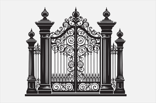 recommend clip art: A black and white silhouette of an ornate wrought-iron gate.