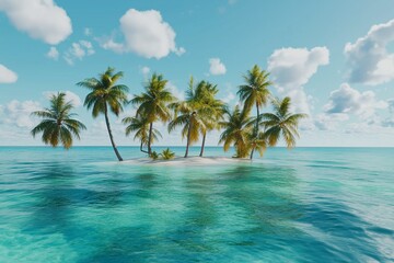 A tropical island surrounded by crystal-clear turquoise waters, with palm trees swaying in a gentle breeze.